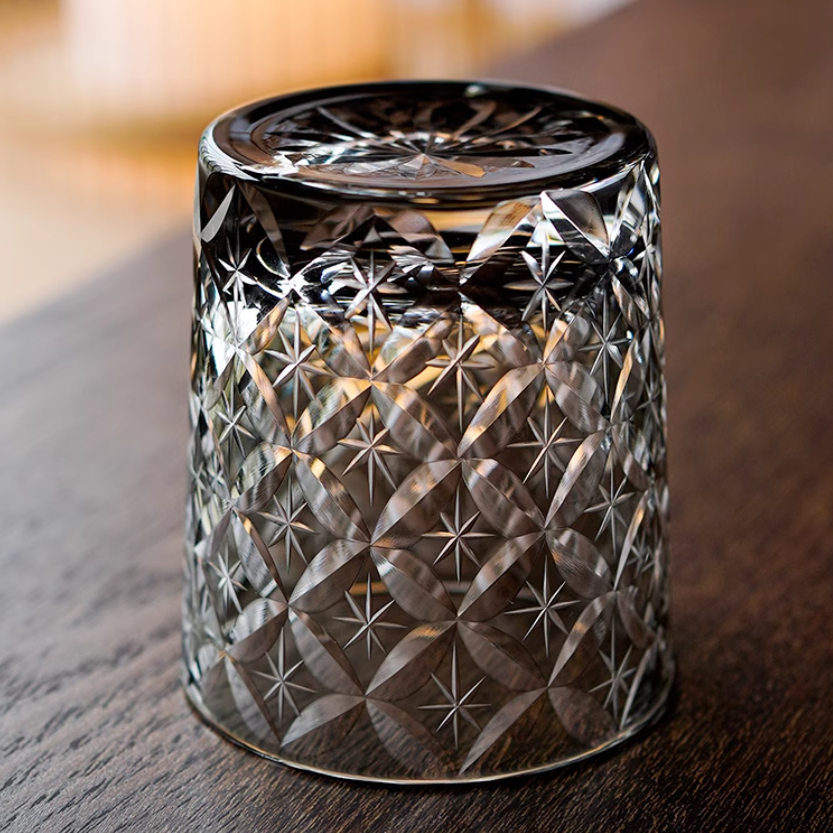 Handcrafted Edo Kiriko Asanoha Star whisky glass, Japanese cut crystal tumbler by Viko