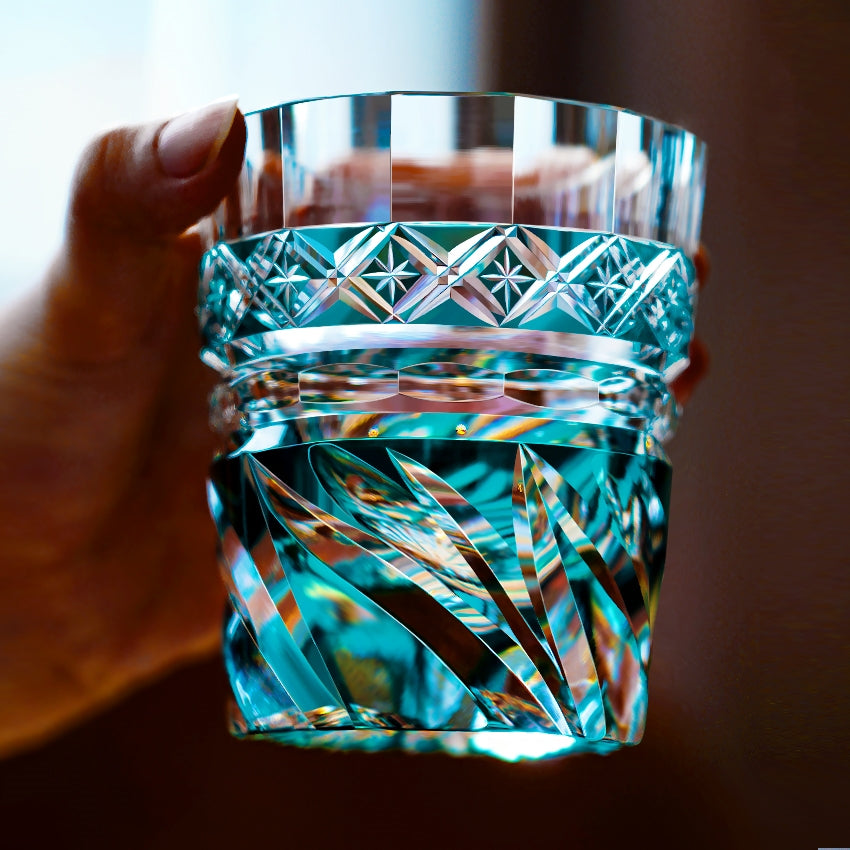 Handcrafted Edo Kiriko Aozora Kaze whisky glass, Japanese cut crystal tumbler by Viko