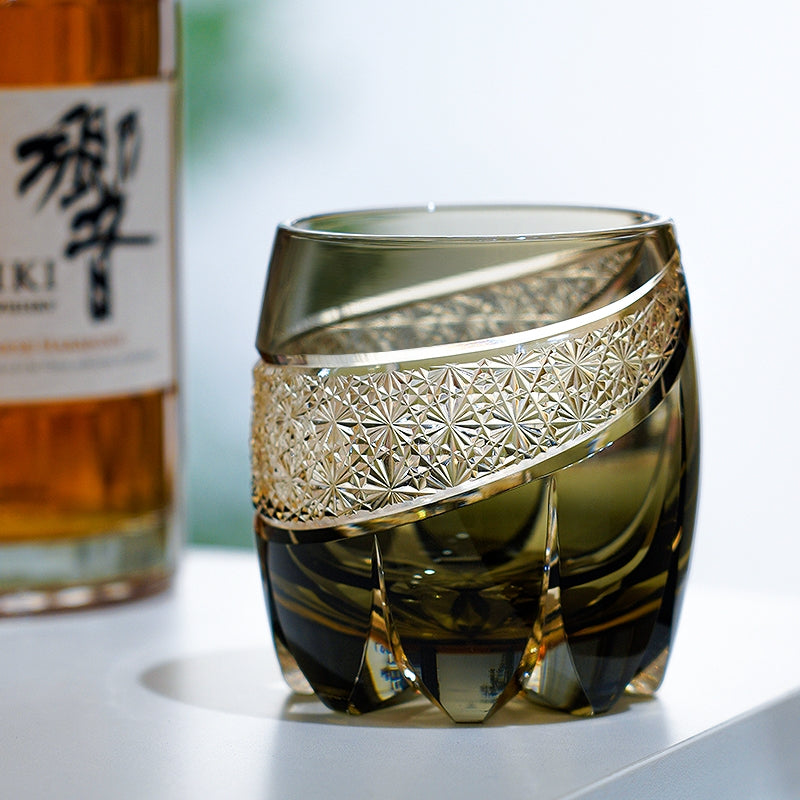 Handcrafted Edo Kiriko Obsidian Lightning whisky glass, Japanese cut crystal tumbler by Viko