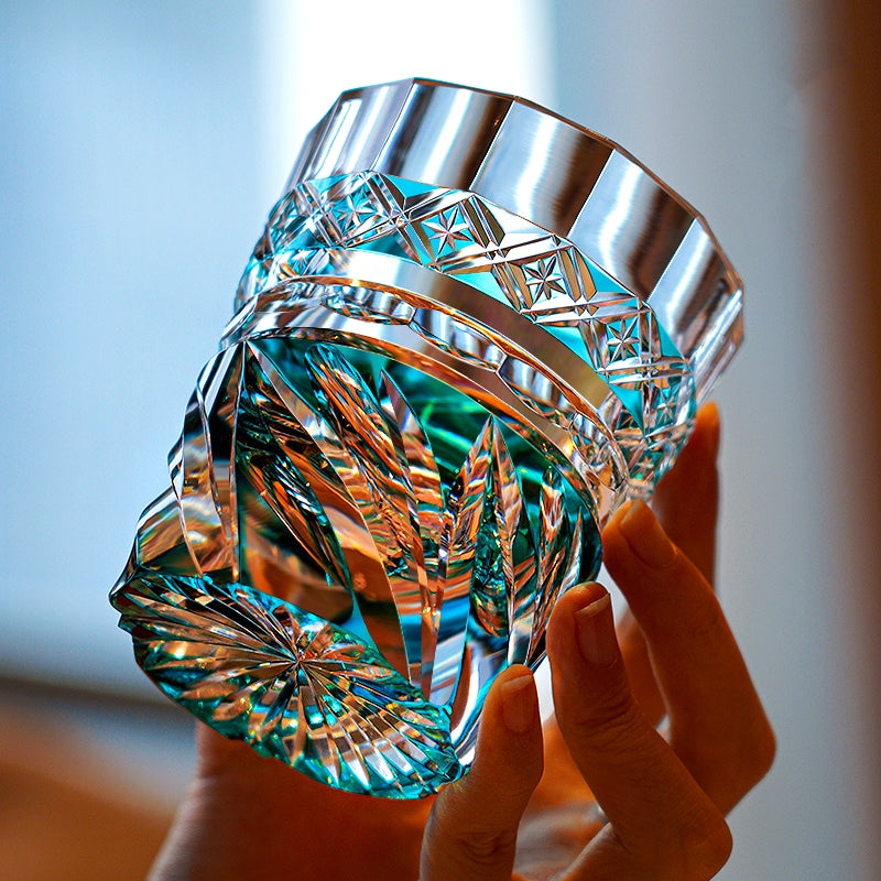 Handcrafted Edo Kiriko Aozora Kaze whisky glass, Japanese cut crystal tumbler by Viko