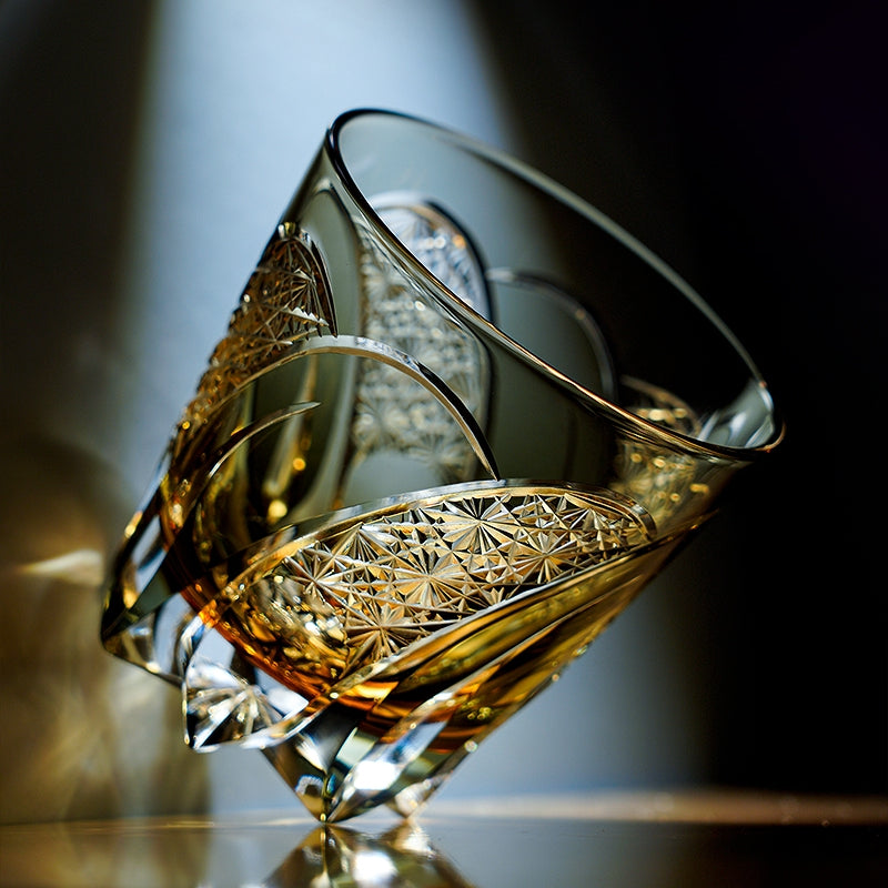 Handcrafted Edo Kiriko Shadow Luminary whisky glass, Japanese cut crystal tumbler by Viko