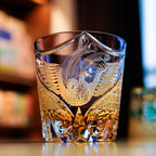 Handcrafted Edo Kiriko Dancing Phoenix whisky glass, Japanese cut crystal tumbler by Viko