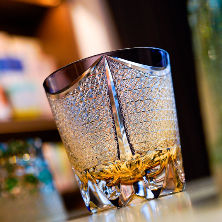 Handcrafted Edo Kiriko Dancing Phoenix whisky glass, Japanese cut crystal tumbler by Viko