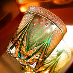 Handcrafted Edo Kiriko Emerald Peacock whisky glass, Japanese cut crystal tumbler by Viko