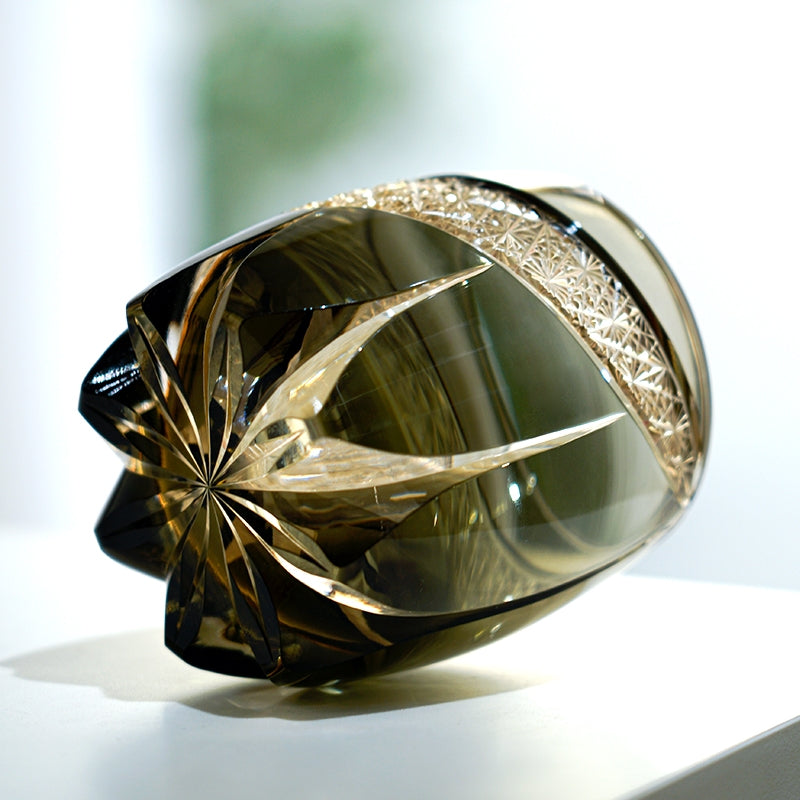 Handcrafted Edo Kiriko Obsidian Lightning whisky glass, Japanese cut crystal tumbler by Viko