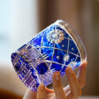 Handcrafted Edo Kiriko Royal Blue Kohana Blossom whisky glass, Japanese cut crystal tumbler by Viko