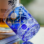 Handcrafted Edo Kiriko Royal Blue Kohana Blossom whisky glass, Japanese cut crystal tumbler by Viko