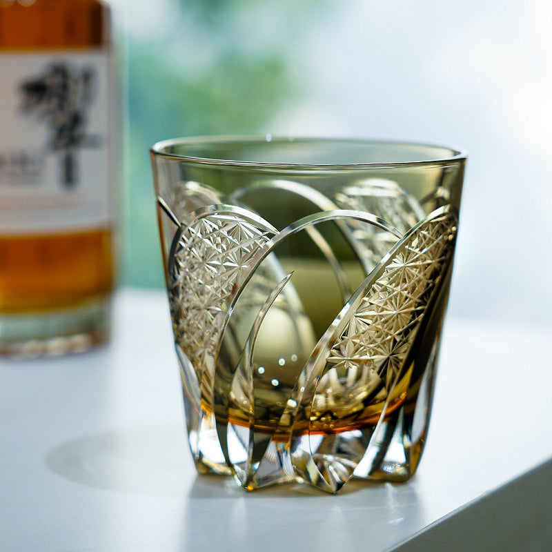 Handcrafted Edo Kiriko Shadow Luminary whisky glass, Japanese cut crystal tumbler by Viko