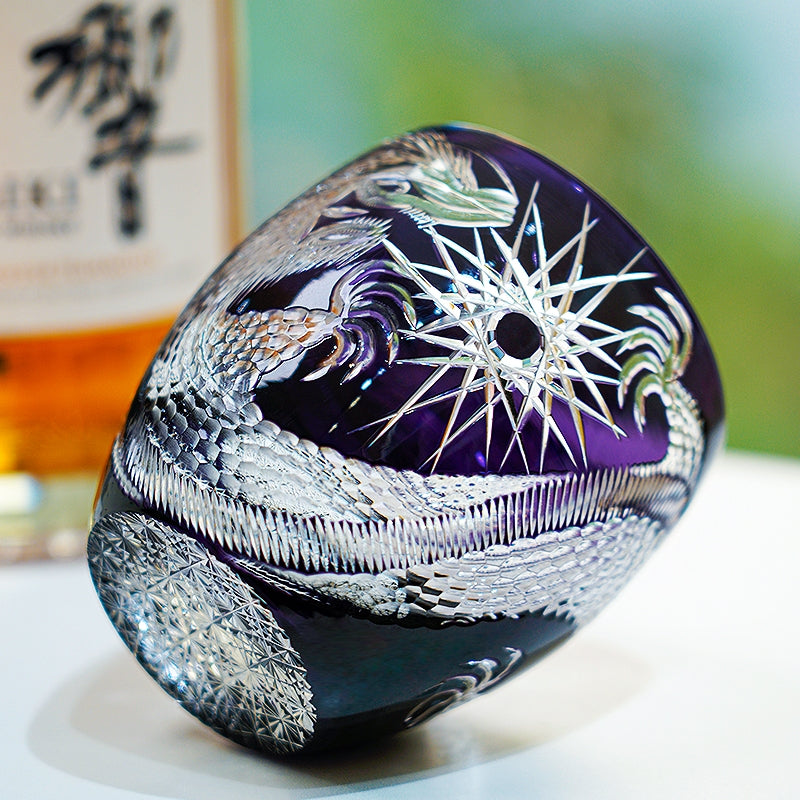 Handcrafted Edo Kiriko Majestic Dragon whisky glass, Japanese cut crystal tumbler by Viko