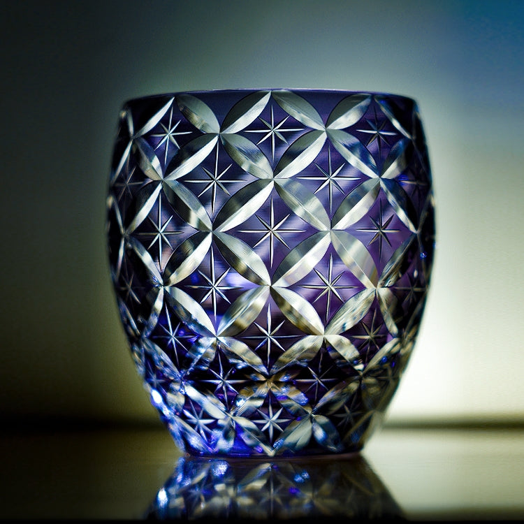 Handcrafted Edo Kiriko Violet Shippo whisky glass, Japanese cut crystal tumbler by Viko