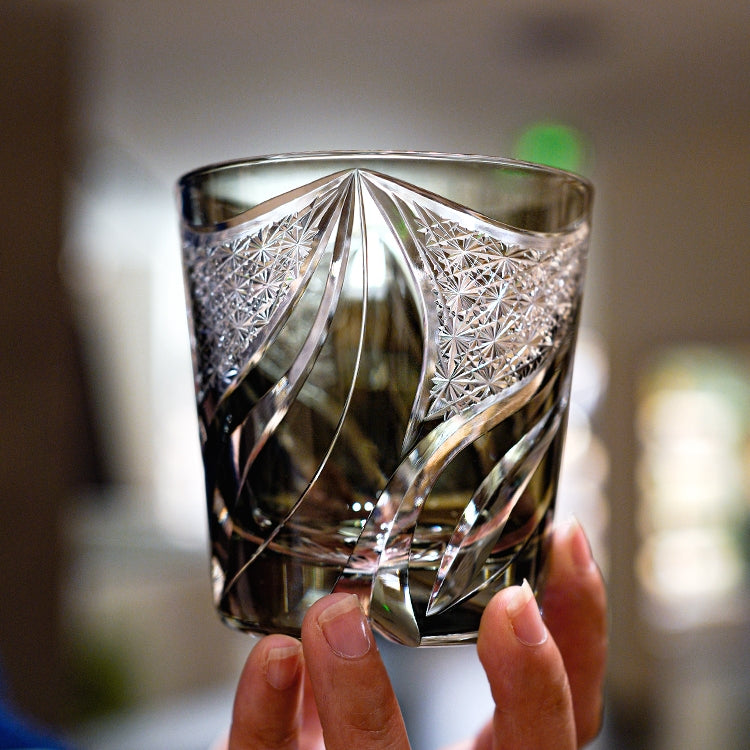 Handcrafted Edo Kiriko Inkstone Flame whisky glass, Japanese cut crystal tumbler by Viko