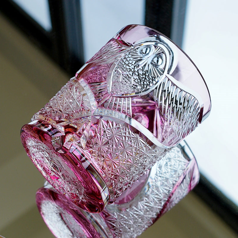Handcrafted Edo Kiriko Ruby Nocturne whisky glass, Japanese cut crystal tumbler by Viko