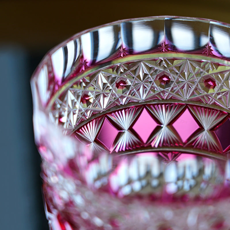Handcrafted Edo Kiriko Ruby Aurora whisky glass, Japanese cut crystal tumbler by Viko