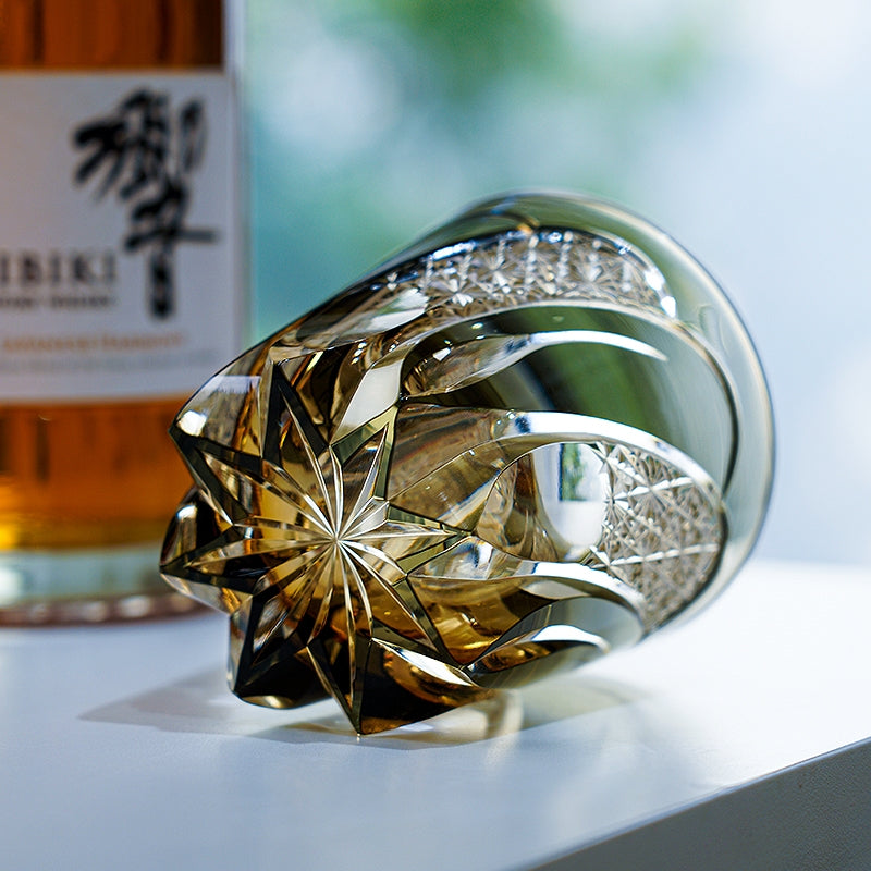Handcrafted Edo Kiriko Shadow Luminary whisky glass, Japanese cut crystal tumbler by Viko
