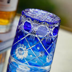 Handcrafted Edo Kiriko Royal Blue Kohana Blossom whisky glass, Japanese cut crystal tumbler by Viko