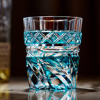 Handcrafted Edo Kiriko Aozora Kaze whisky glass, Japanese cut crystal tumbler by Viko