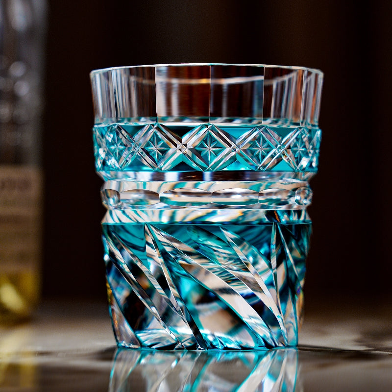 Handcrafted Edo Kiriko Aozora Kaze whisky glass, Japanese cut crystal tumbler by Viko