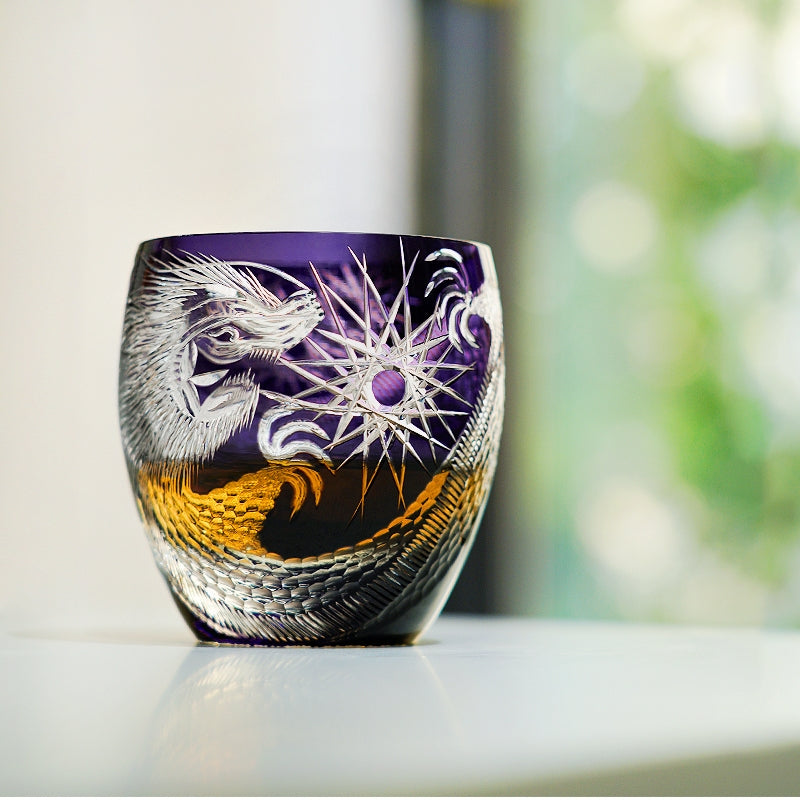 Handcrafted Edo Kiriko Majestic Dragon whisky glass, Japanese cut crystal tumbler by Viko