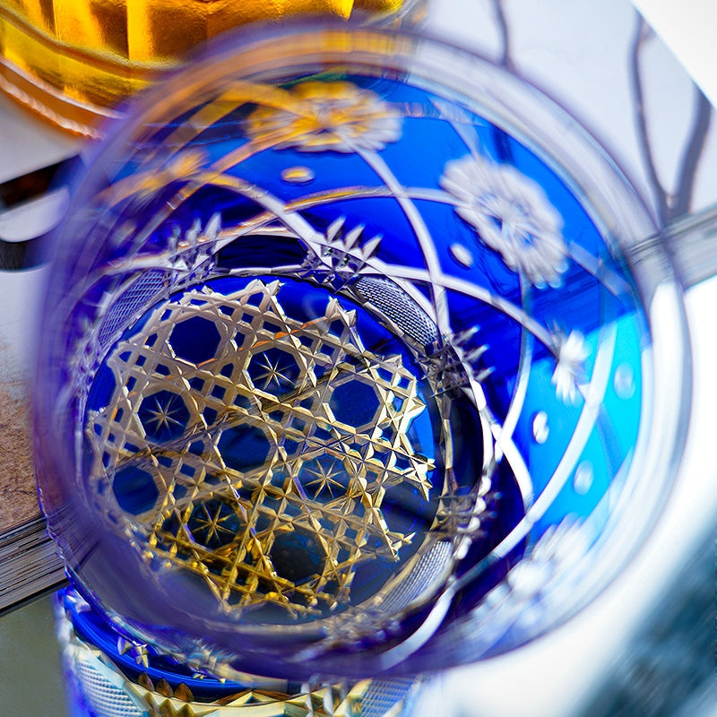 Handcrafted Edo Kiriko Royal Blue Kohana Blossom whisky glass, Japanese cut crystal tumbler by Viko