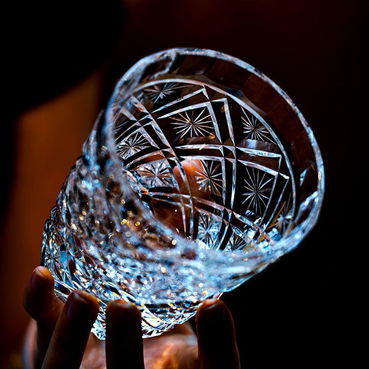Handcrafted Edo Kiriko Hana Blossom whisky glass, Japanese cut crystal tumbler by Viko