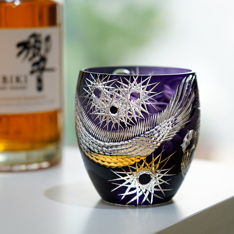 Handcrafted Edo Kiriko Majestic Dragon whisky glass, Japanese cut crystal tumbler by Viko