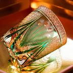 Handcrafted Edo Kiriko Emerald Peacock whisky glass, Japanese cut crystal tumbler by Viko