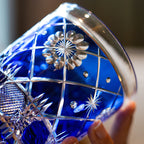 Handcrafted Edo Kiriko Royal Blue Kohana Blossom whisky glass, Japanese cut crystal tumbler by Viko