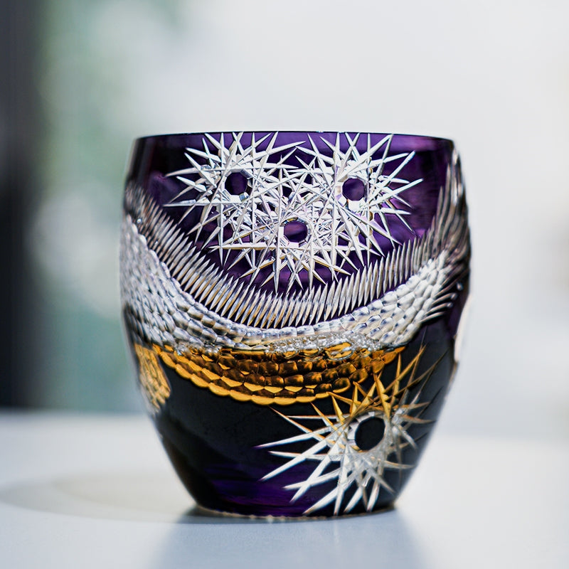 Handcrafted Edo Kiriko Majestic Dragon whisky glass, Japanese cut crystal tumbler by Viko