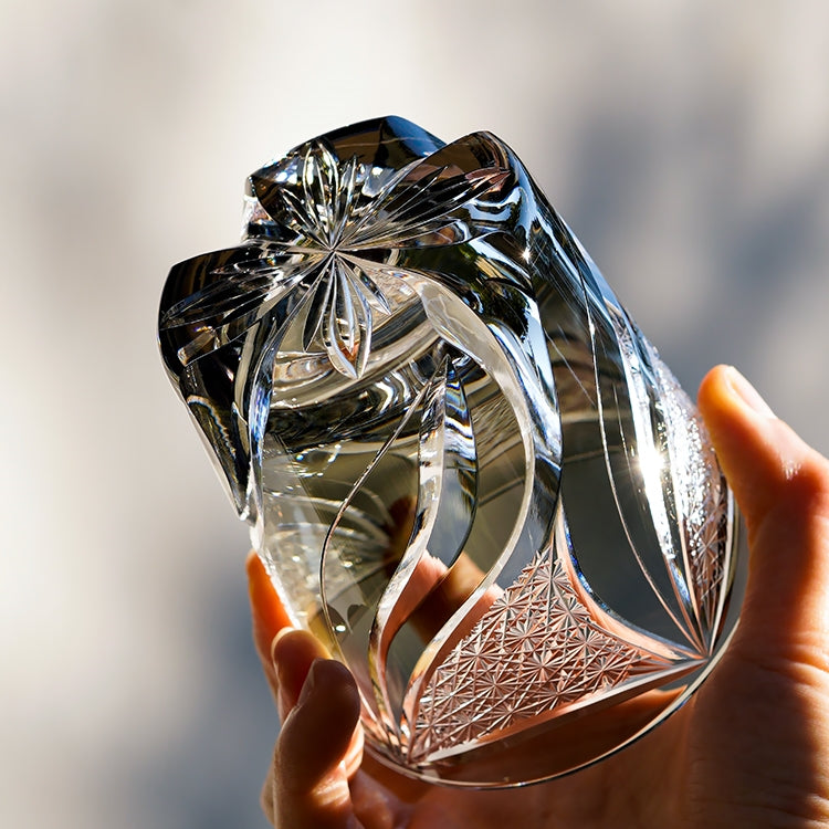 Handcrafted Edo Kiriko Inkstone Flame whisky glass, Japanese cut crystal tumbler by Viko