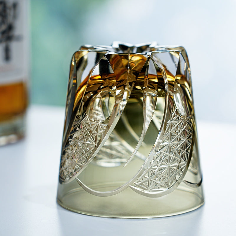 Handcrafted Edo Kiriko Shadow Luminary whisky glass, Japanese cut crystal tumbler by Viko