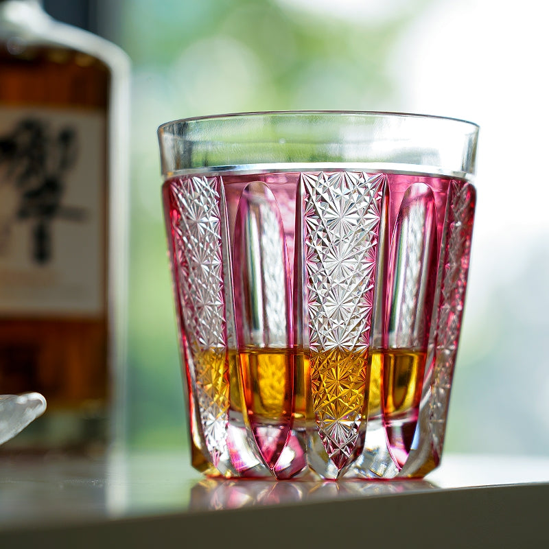 Handcrafted Edo Kiriko Ruby Agave whisky glass, Japanese cut crystal tumbler by Viko