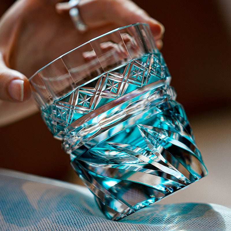 Handcrafted Edo Kiriko Aozora Kaze whisky glass, Japanese cut crystal tumbler by Viko