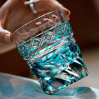 Handcrafted Edo Kiriko Aozora Kaze whisky glass, Japanese cut crystal tumbler by Viko