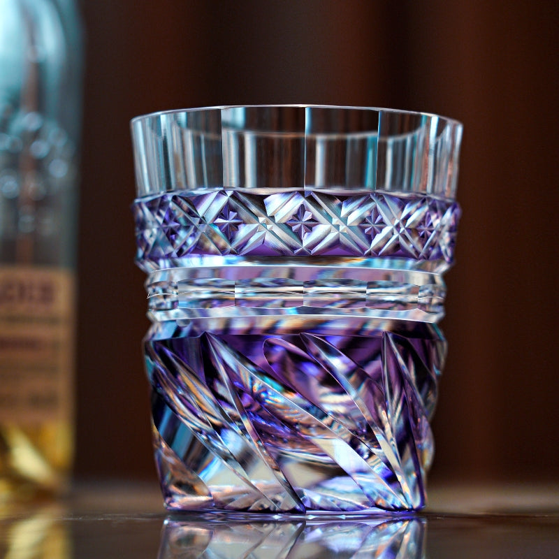 Handcrafted Edo Kiriko Violet Kaze whisky glass, Japanese cut crystal tumbler by Viko