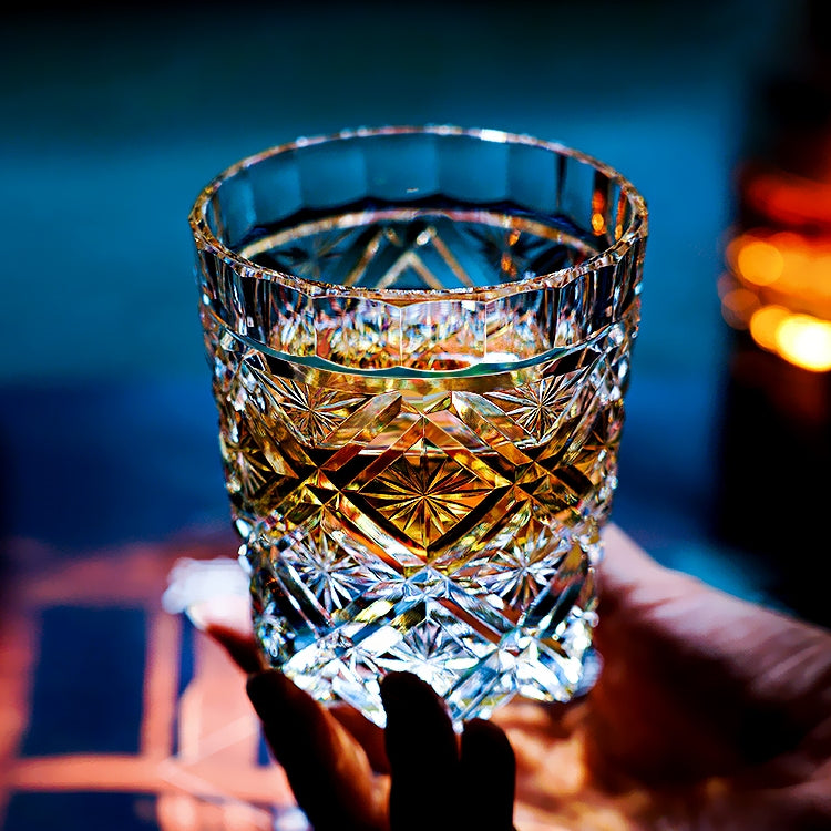 Handcrafted Edo Kiriko Hana Blossom whisky glass, Japanese cut crystal tumbler by Viko