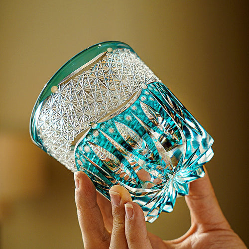 Handcrafted Edo Kiriko Aokiku whisky glass, Japanese cut crystal tumbler by Viko