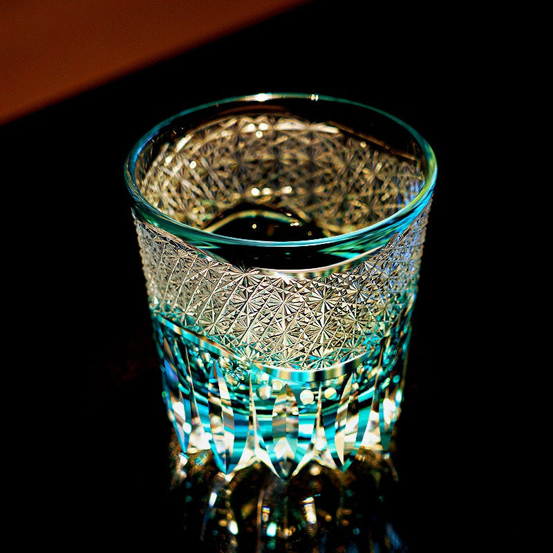 Handcrafted Edo Kiriko Aokiku whisky glass, Japanese cut crystal tumbler by Viko