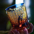 Handcrafted Edo Kiriko Raijin whisky glass, Japanese cut crystal tumbler by Viko