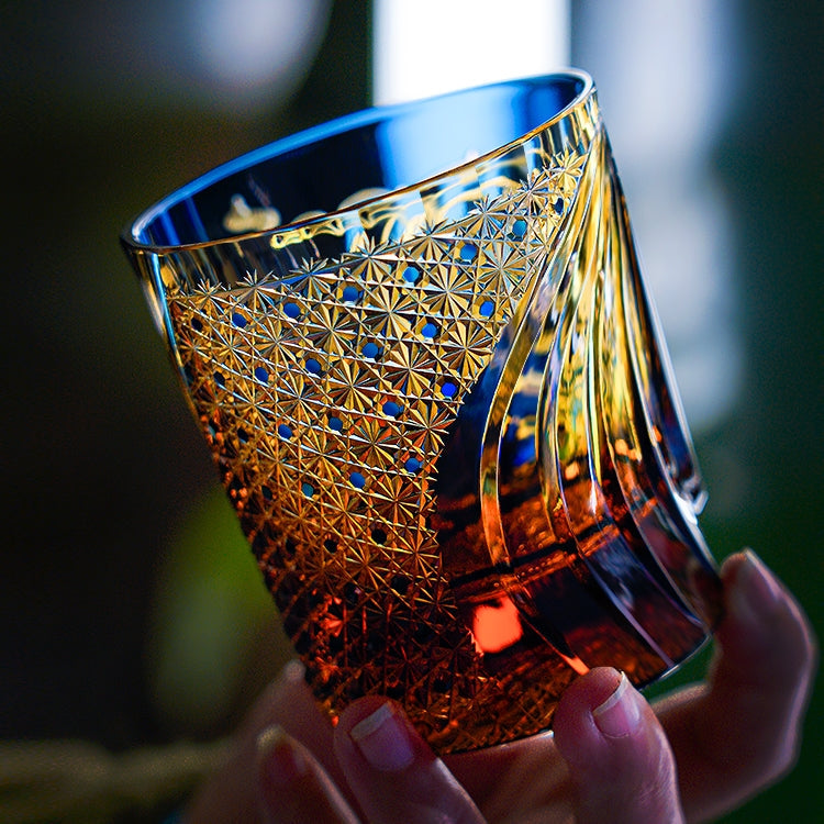 Handcrafted Edo Kiriko Raijin whisky glass, Japanese cut crystal tumbler by Viko