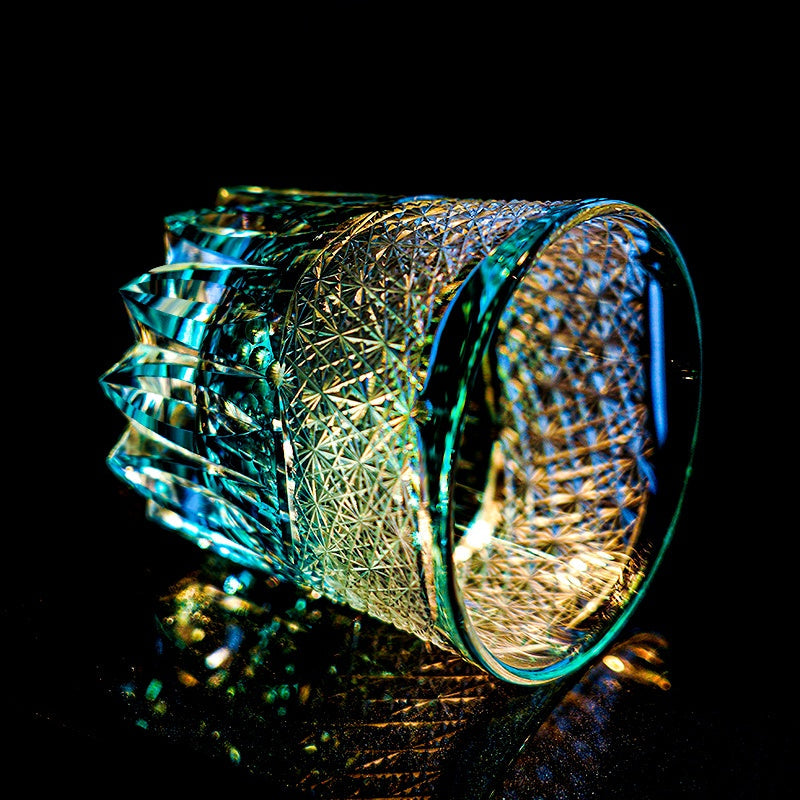 Handcrafted Edo Kiriko Aokiku whisky glass, Japanese cut crystal tumbler by Viko