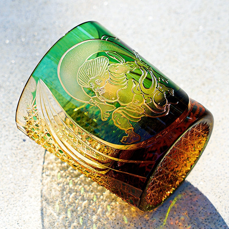 Handcrafted Edo Kiriko Fujin whisky glass, Japanese cut crystal tumbler by Viko