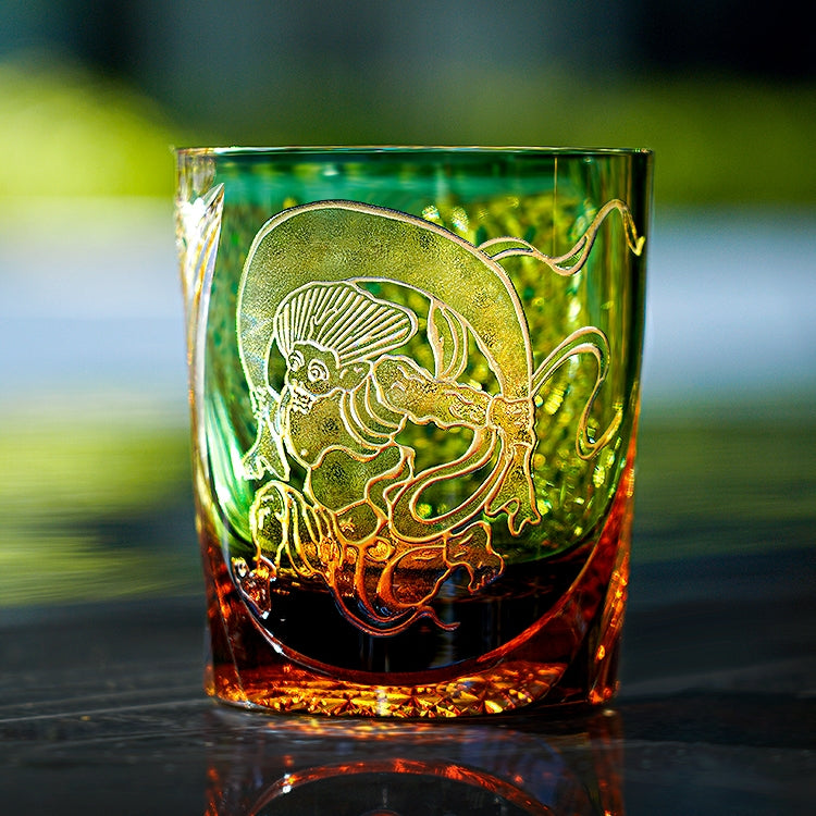 Handcrafted Edo Kiriko Fujin whisky glass, Japanese cut crystal tumbler by Viko