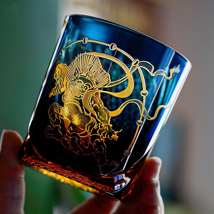 Handcrafted Edo Kiriko Raijin whisky glass, Japanese cut crystal tumbler by Viko