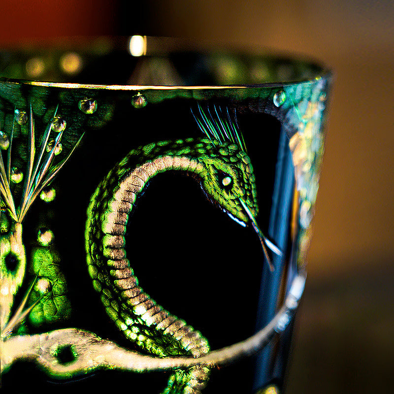 Handcrafted Edo Kiriko Green Serpent whisky glass, Japanese cut crystal tumbler by Viko