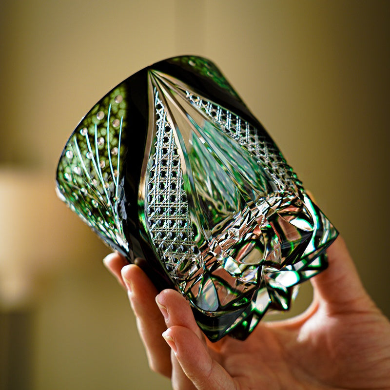 Handcrafted Edo Kiriko Green Serpent whisky glass, Japanese cut crystal tumbler by Viko