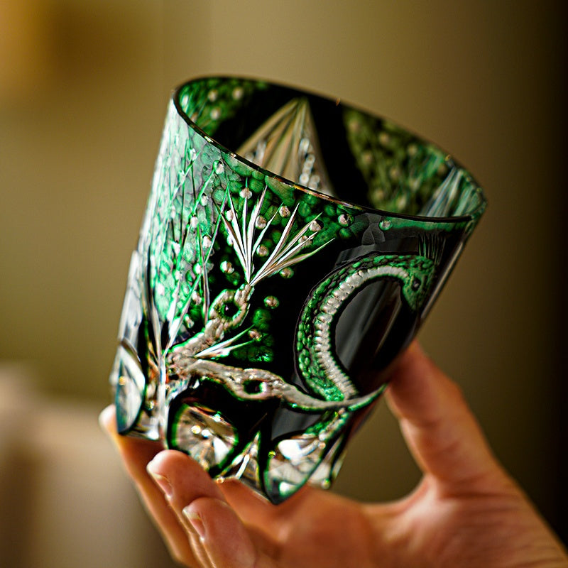 Handcrafted Edo Kiriko Green Serpent whisky glass, Japanese cut crystal tumbler by Viko