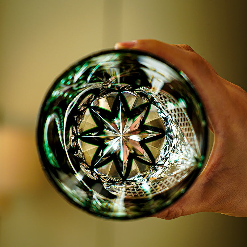 Handcrafted Edo Kiriko Green Serpent whisky glass, Japanese cut crystal tumbler by Viko