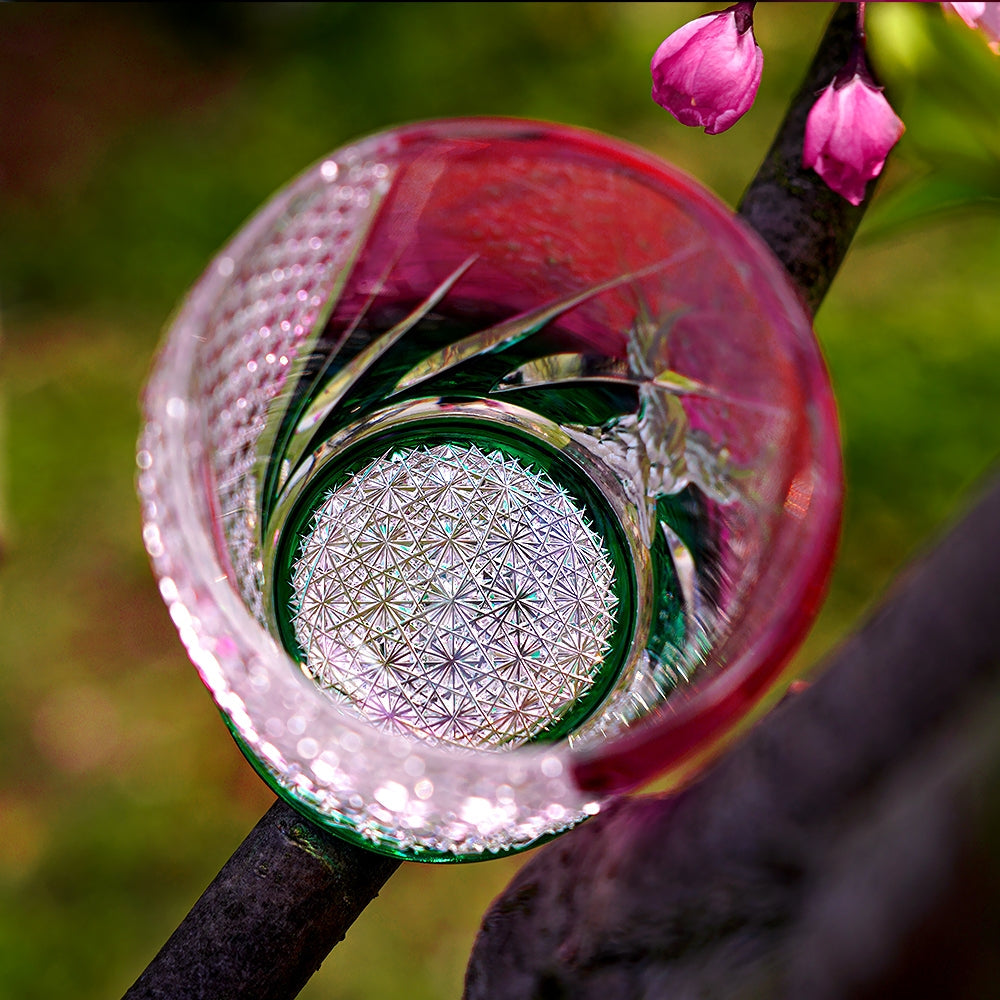 Handcrafted Edo Kiriko Sakura Nami whisky glass, Japanese cut crystal tumbler by Viko