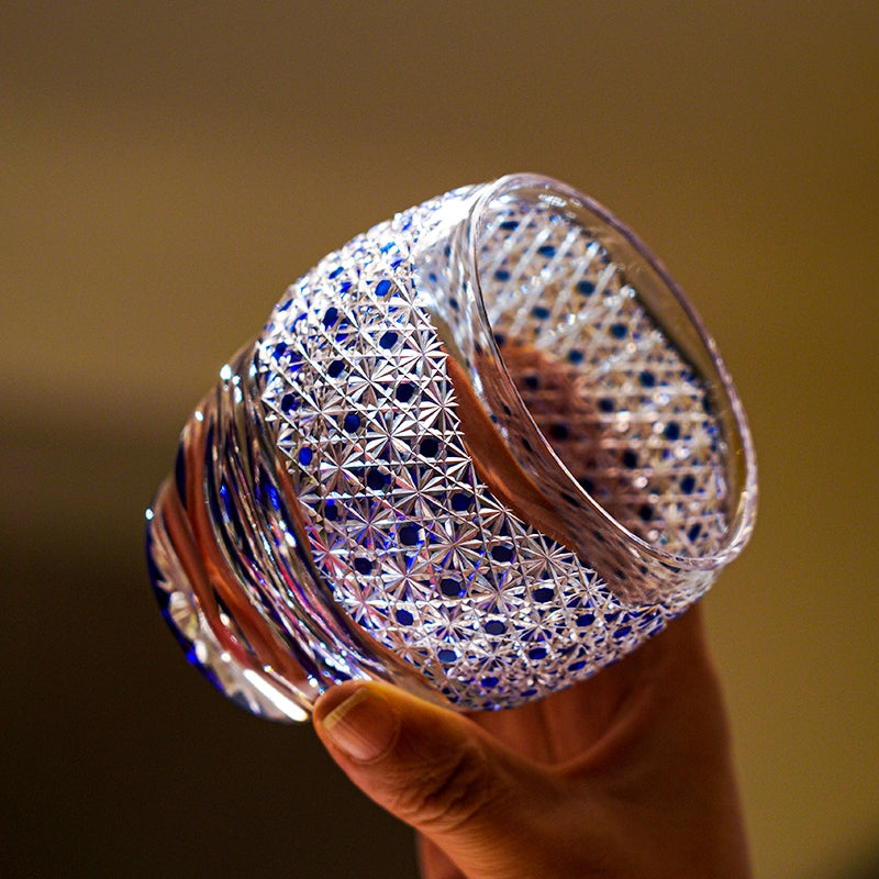 Handcrafted Edo Kiriko Midnight Blue Starburst whisky glass, Japanese cut crystal tumbler by Viko