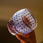 Handcrafted Edo Kiriko Midnight Blue Starburst whisky glass, Japanese cut crystal tumbler by Viko